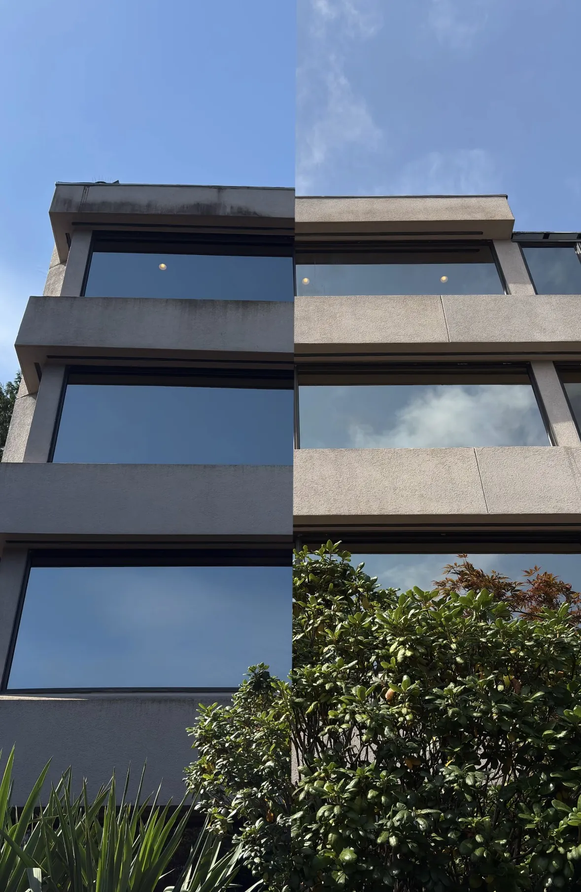 The same building side by side: stained concrete and glass on the left, clean on the right after soft washing