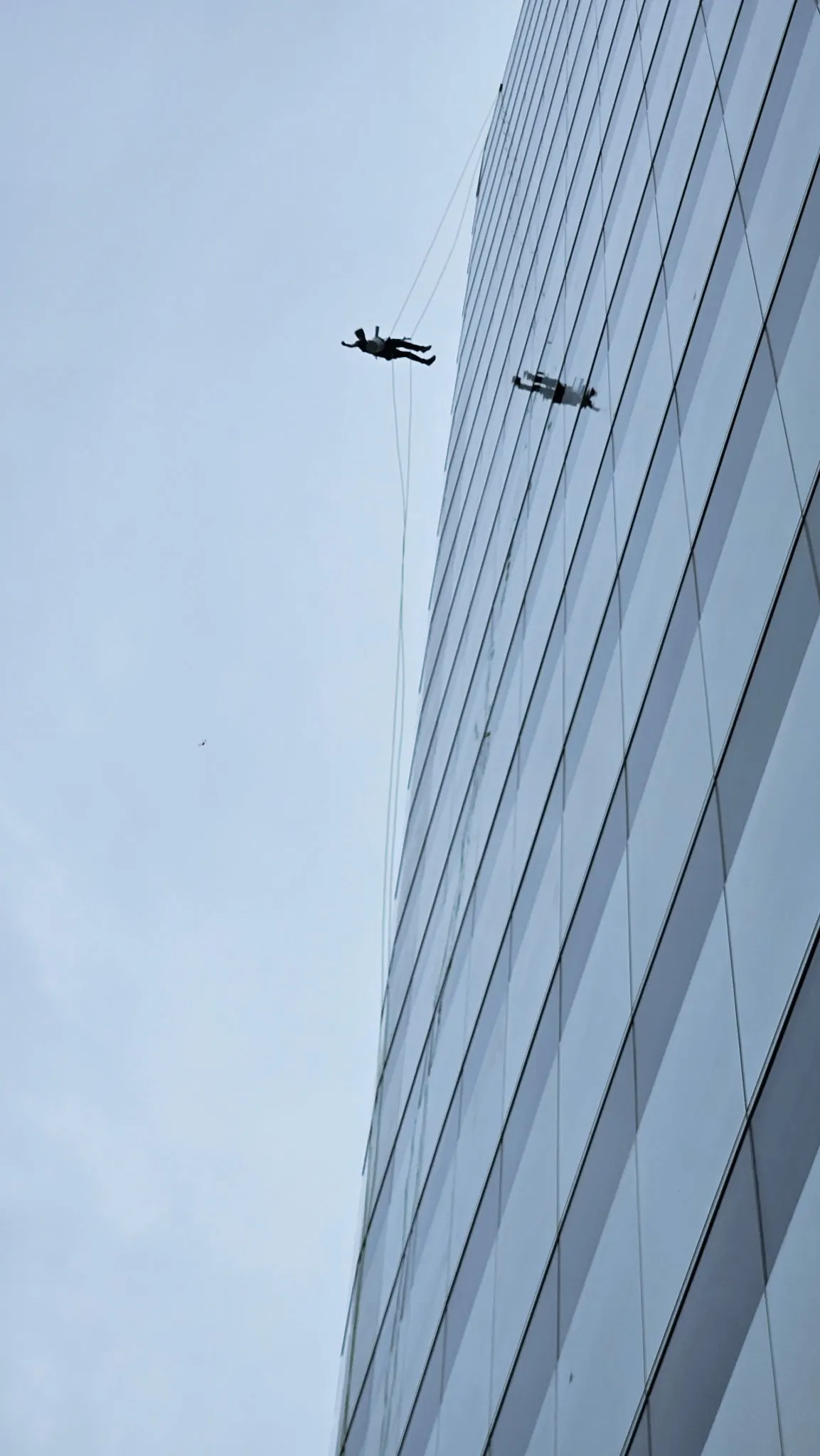 Two rope access technicians working down the glass face of an office tower